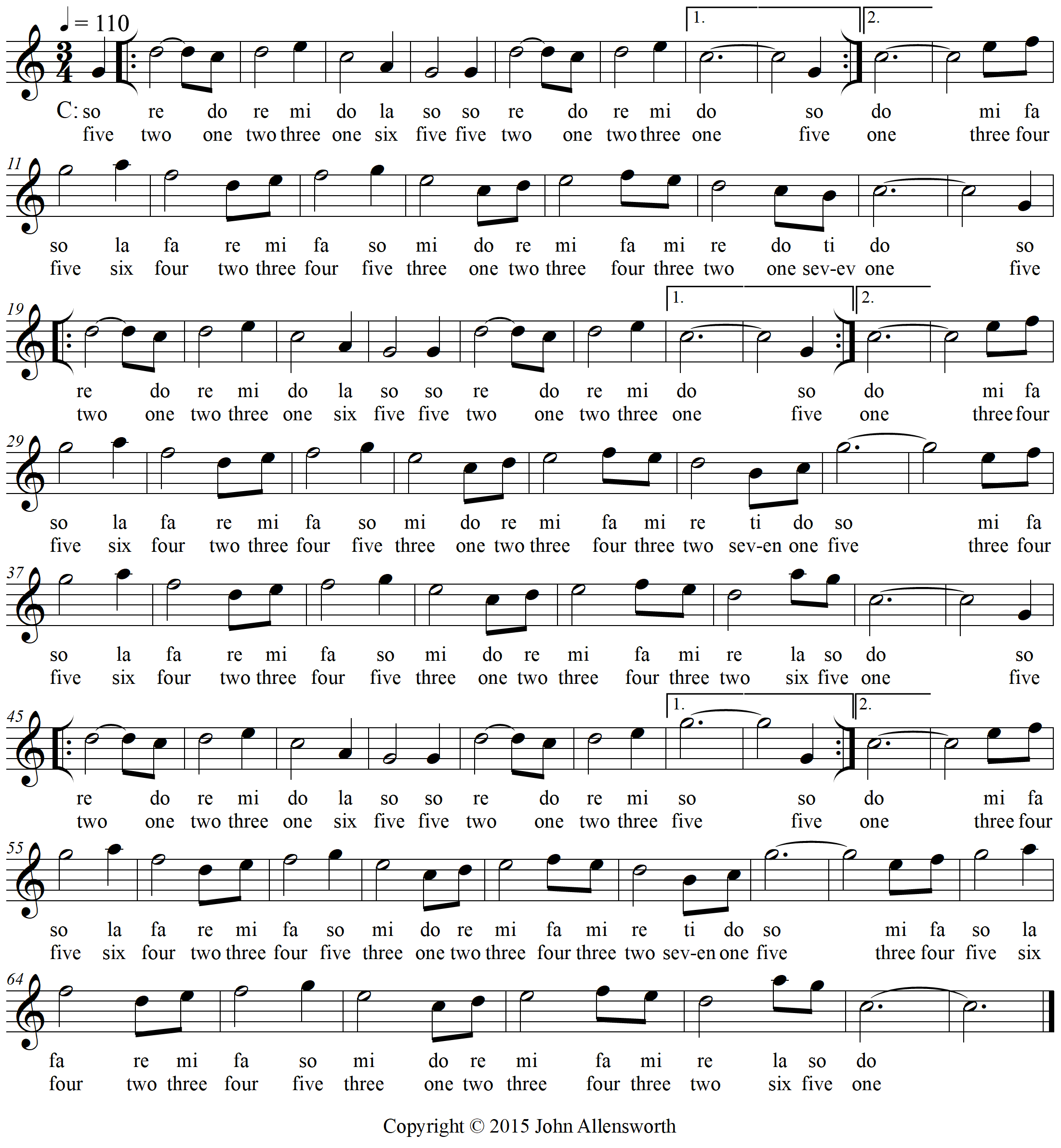 Laura's Lullaby, composed by John Allensworth, with solfege and scale degree numbers